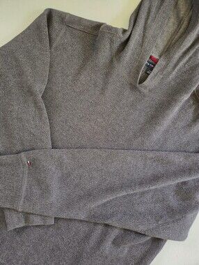 Vintage Tommy Hilfiger Blue Gray Fine Knit Hooded Pullover Sweater Mens L